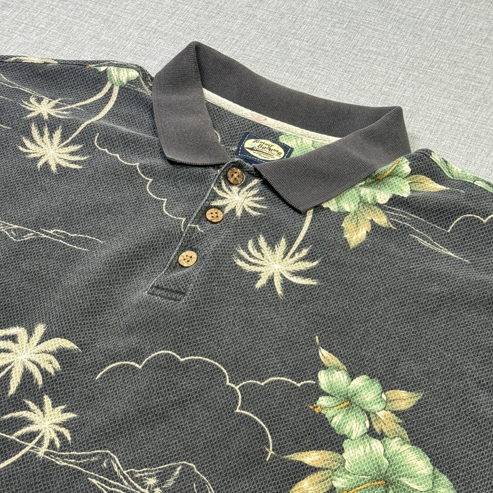 Tommy Bahama Floral Polo Shirt Mens XL Gray Short Sleeve 100% Cotton Relaxed Fit